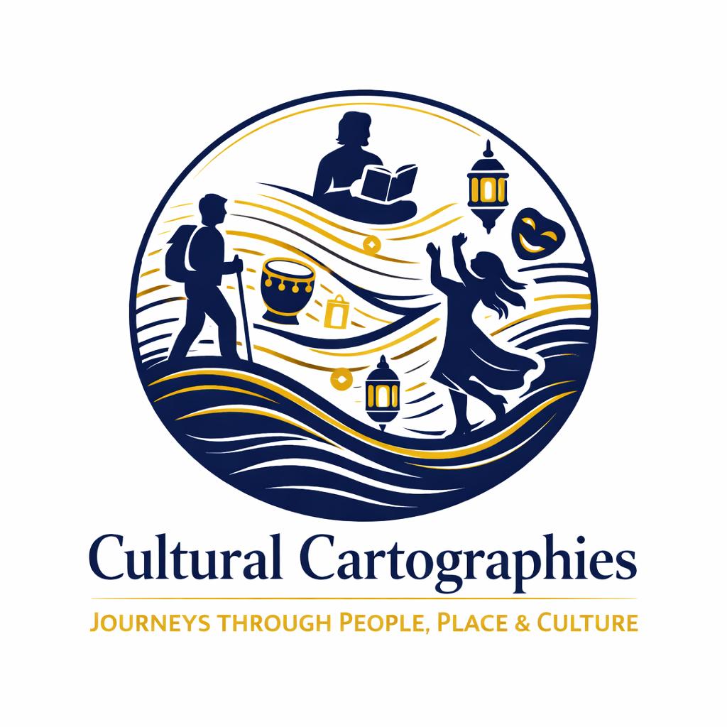 Logo of Cultural Cartographies featuring diverse figures engaging in cultural activities such as reading, dancing, and hiking, surrounded by decorative elements like lanterns and musical instruments.