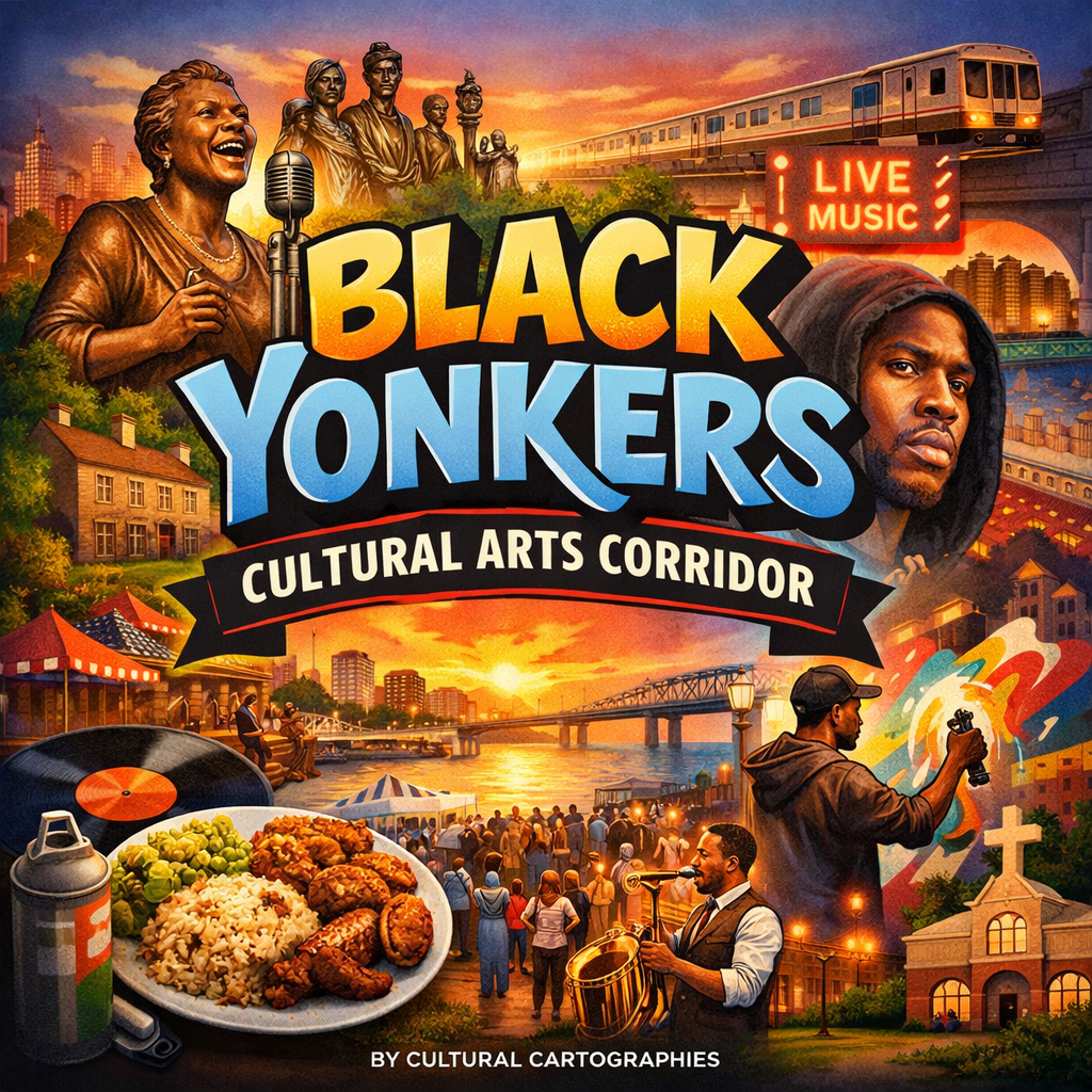 Colorful illustration promoting the Black Yonkers Cultural Arts Corridor, featuring musicians, sculptures, a train, and a food plate with soul food, showcasing the community's vibrancy and cultural heritage.