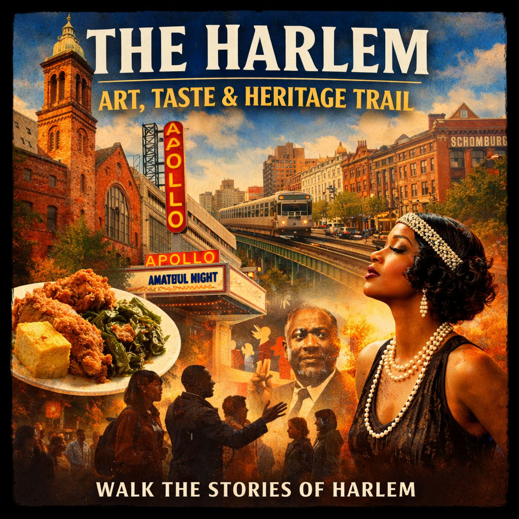 A vibrant graphic promoting 'The Harlem Art, Taste & Heritage Trail' featuring iconic landmarks like the Apollo Theater, a plate of traditional Southern food, and depictions of people enjoying the culture of Harlem.
