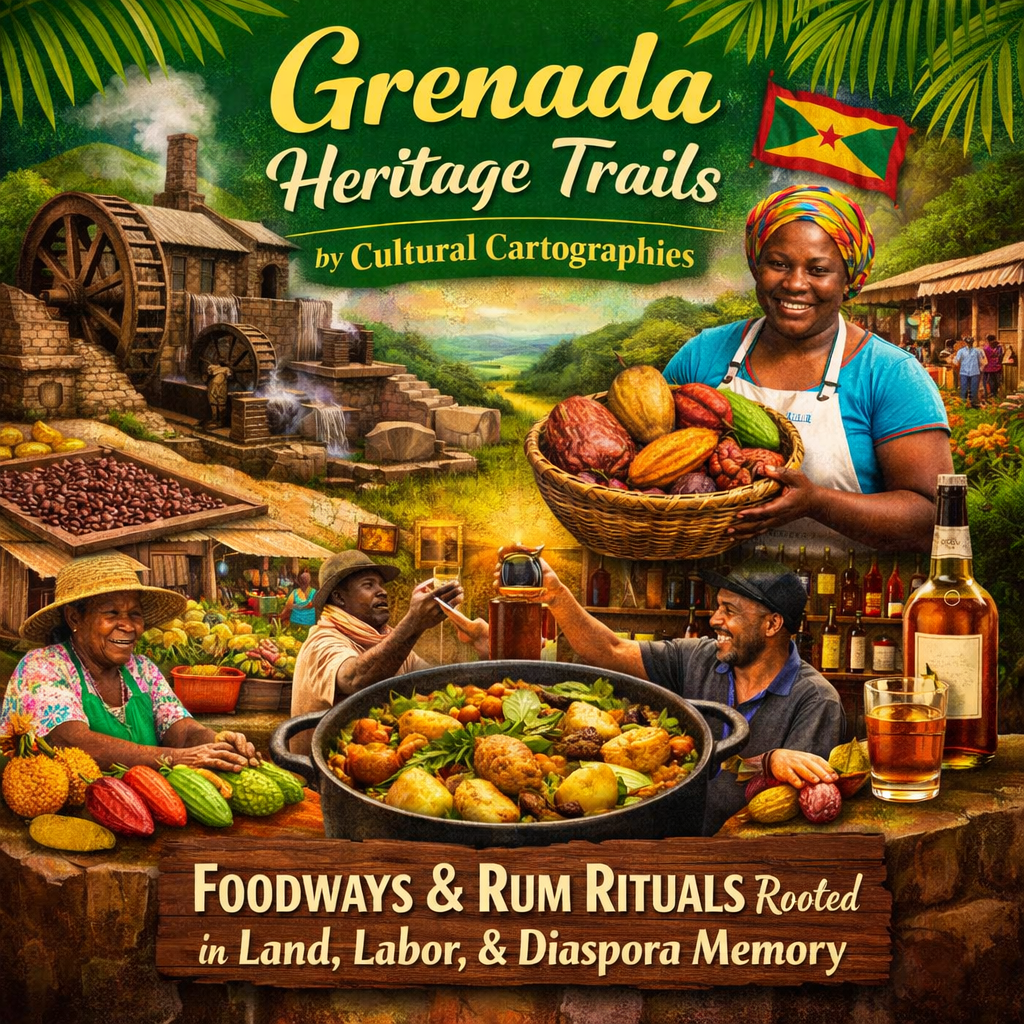 Colorful illustration highlighting Grenada's heritage trails, featuring local people involved in food and rum production, with cocoa and tropical produce visible, set against lush landscapes and historical buildings.