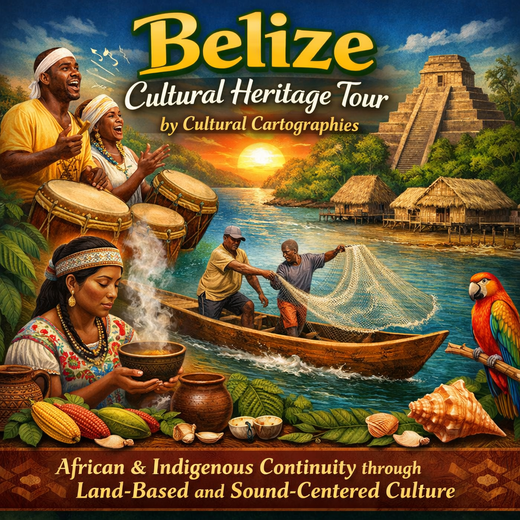 A vibrant illustration promoting a Belize Cultural Heritage Tour, featuring musicians with drums, a woman cooking, local fishing, and a parrot, with scenic tropical landscapes and Mayan ruins in the background.