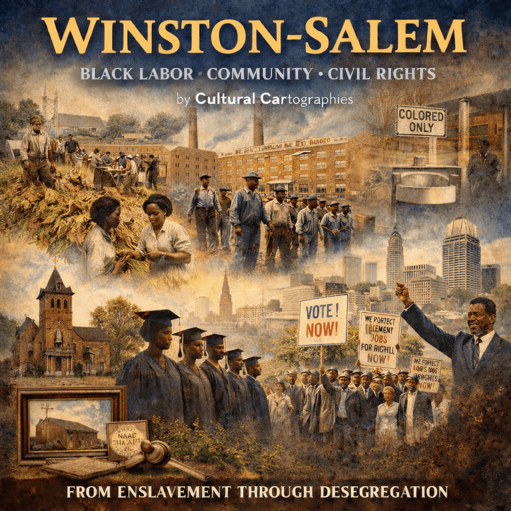 A collage representing the history of Winston-Salem, featuring scenes of Black labor, community engagement, and civil rights activism. The image includes historical figures, workers in fields, a church, graduation ceremonies, and protest signs advocating for voting rights and job protections.