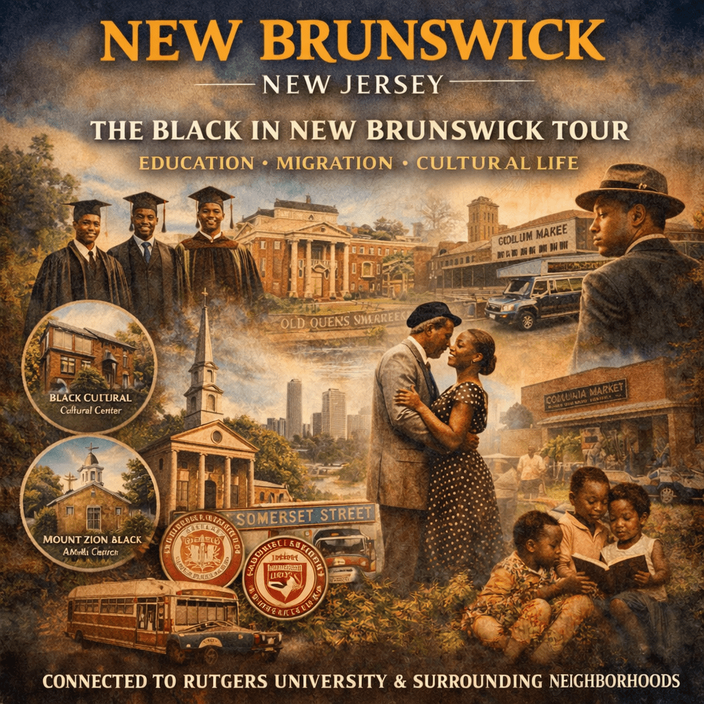 A collage representing the Black cultural heritage in New Brunswick, New Jersey, featuring graduates, historical locations, and local markets.