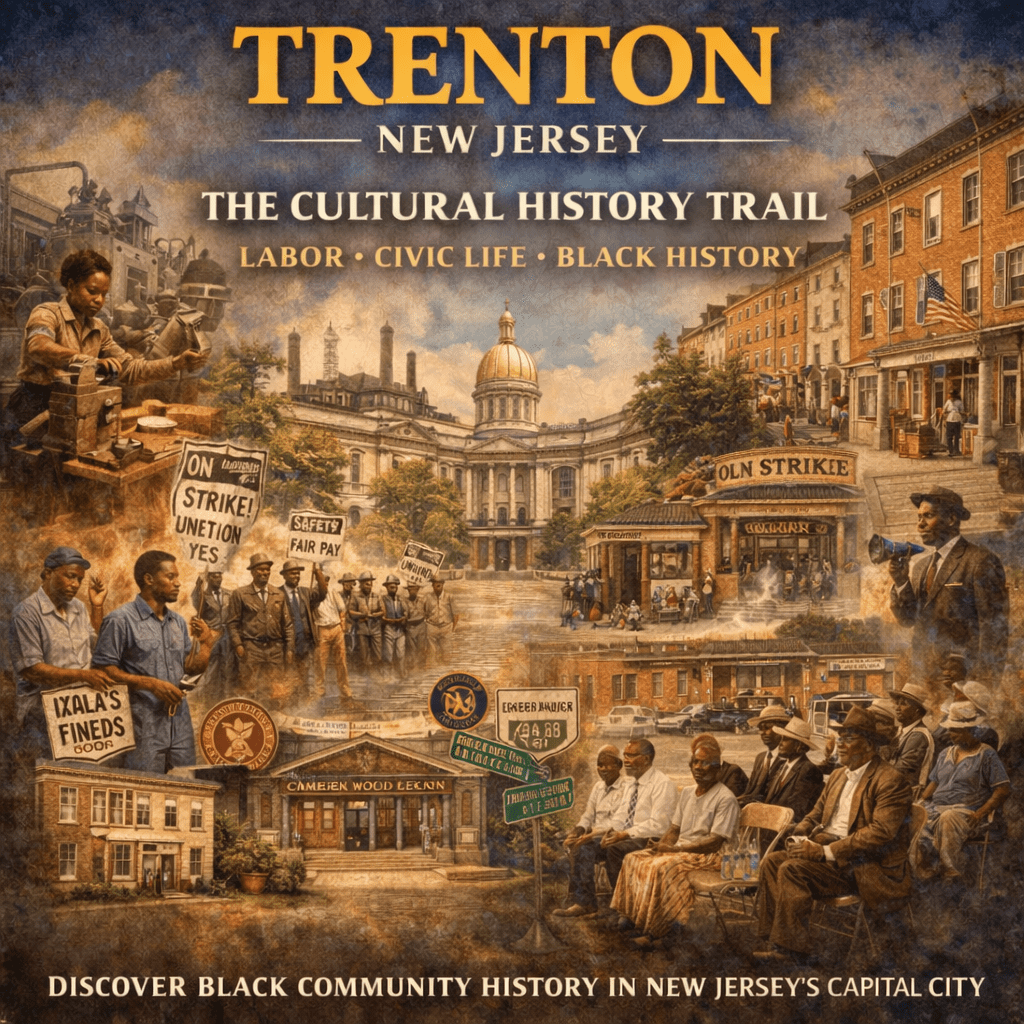 A collage showcasing Trenton, New Jersey's cultural history including themes of labor, civic life, and Black history, featuring historical figures, buildings, and protest signs.