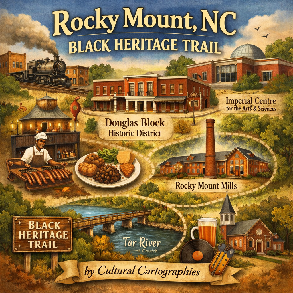 Illustrative map of Rocky Mount, NC's Black Heritage Trail, featuring landmarks like Douglas Block, Rocky Mount Mills, Imperial Centre for the Arts & Sciences, and Tar River Church, alongside cultural elements such as food and music.