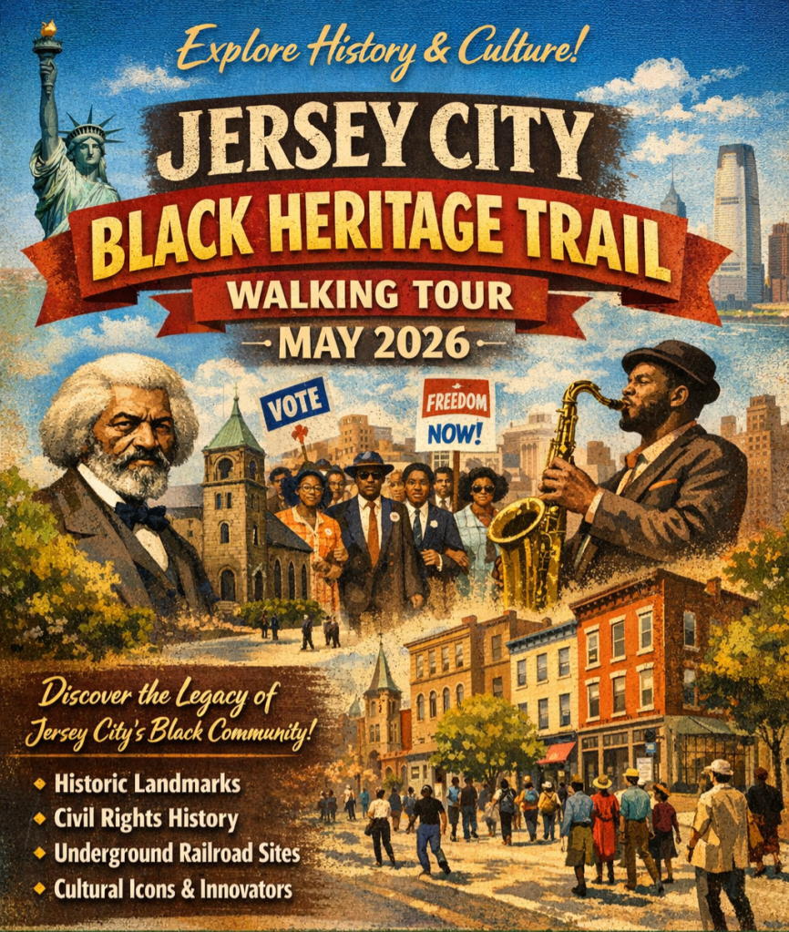 Colorful promotional poster for the Jersey City Black Heritage Trail walking tour in May 2026, featuring historic landmarks and cultural icons. The image includes depictions of important figures, a marching crowd holding signs for voting and freedom, and various buildings symbolizing Black history and community.